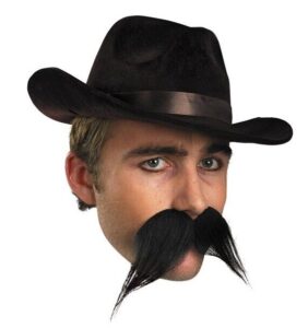 Picture of a man's face and hey he's wearing a stupid huge fake mustache and a cheap cowpoke hat